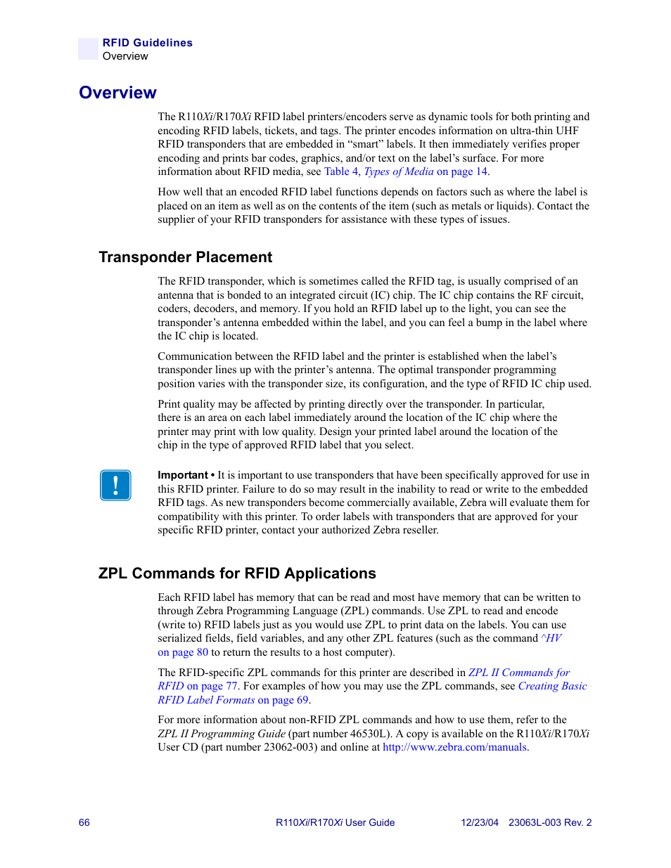 Overview, Transponder placement, Zpl commands for rfid applications | Zebra Technologies R170XiTM User Manual | Page 78 / 184