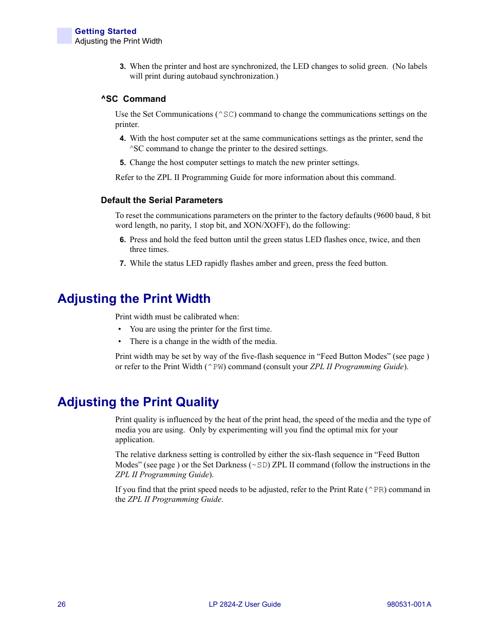 Adjusting the print width, Adjusting the print quality | Zebra Technologies Zebra LP 2824-Z User Manual | Page 26 / 62