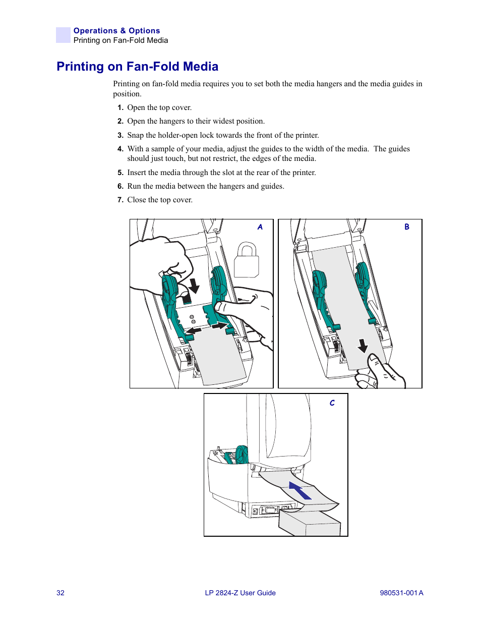 Printing on fan-fold media | Zebra Technologies Zebra LP 2824-Z User Manual | Page 32 / 62