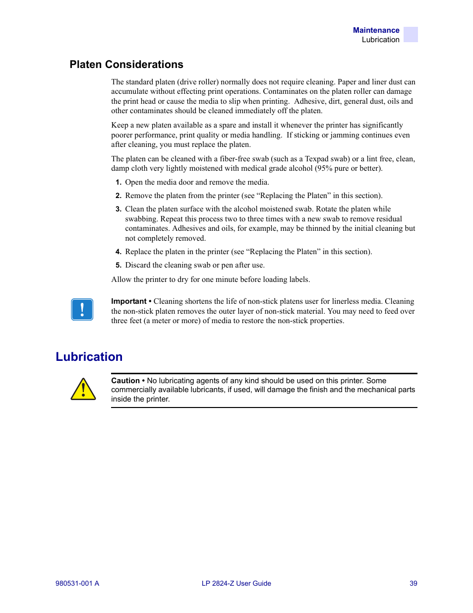 Platen considerations, Lubrication | Zebra Technologies Zebra LP 2824-Z User Manual | Page 39 / 62