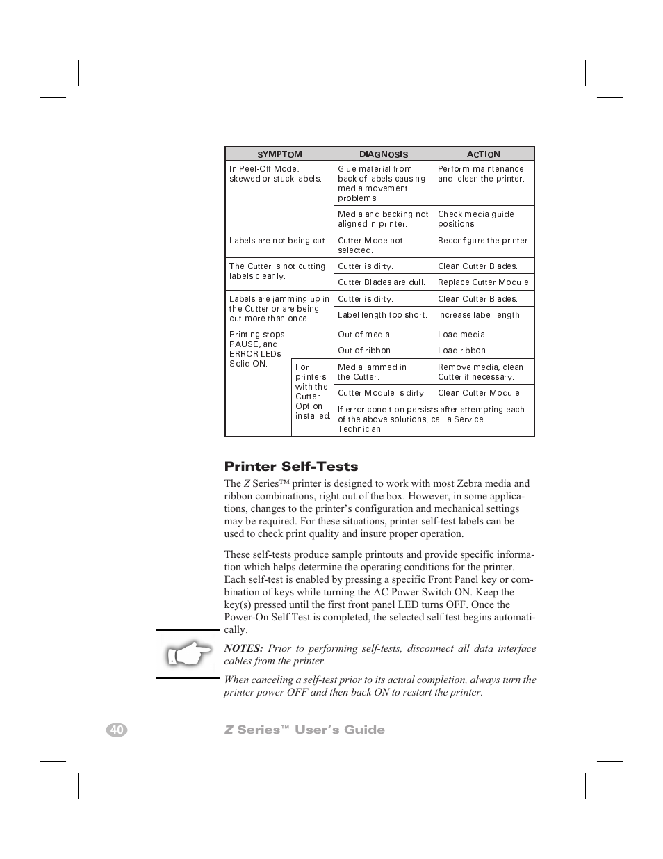 Configuration label 39, Printer configuration label 39, Printer self-tests | 40 z series™ user’s guide | Zebra Technologies Zebra Z4000 User Manual | Page 48 / 98