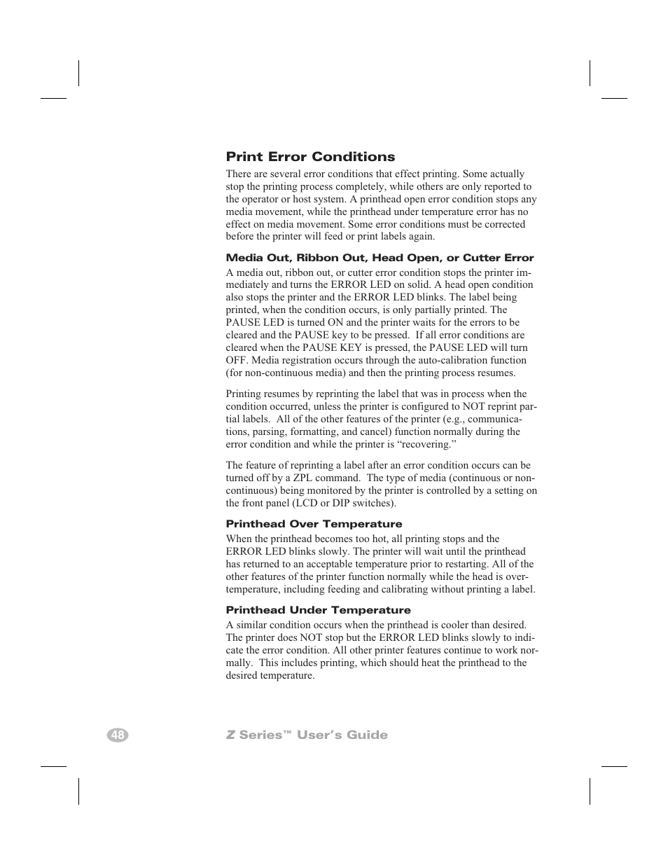 Printer specifications, Printer specifications 47, 48, Print error conditions | Zebra Technologies Zebra Z4000 User Manual | Page 56 / 98