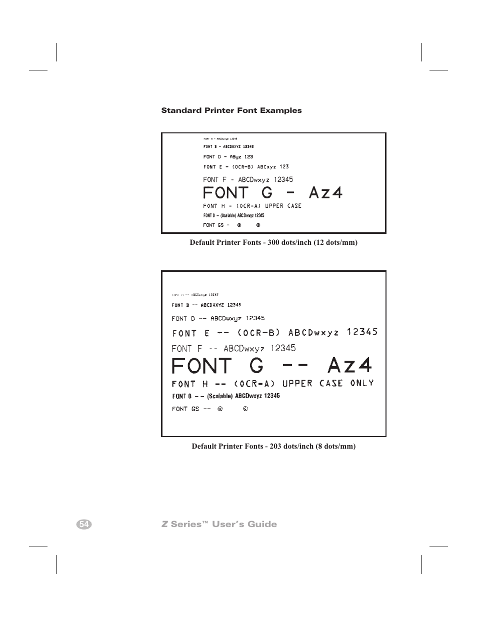 Optional printer fonts 53, Optional fonts 53, 54 z series™ user’s guide | Zebra Technologies Zebra Z4000 User Manual | Page 62 / 98