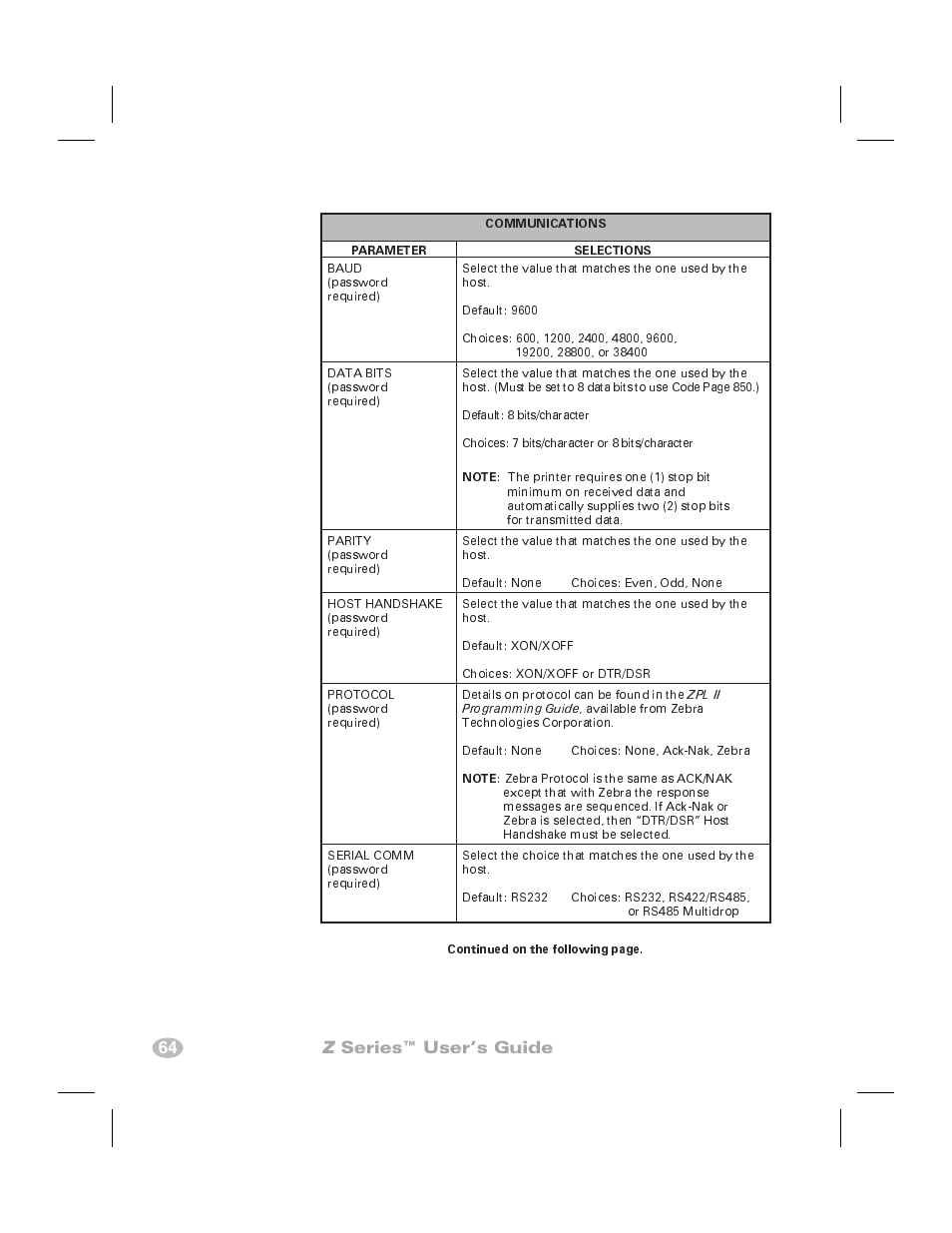 64 z series™ user’s guide | Zebra Technologies Zebra Z4000 User Manual | Page 72 / 98