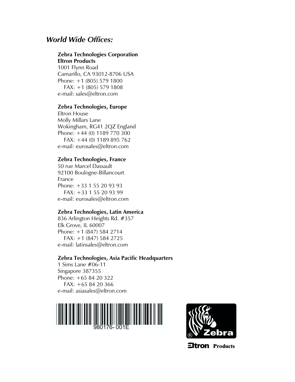 World wide offices | Zebra Technologies LP2443 User Manual | Page 24 / 24