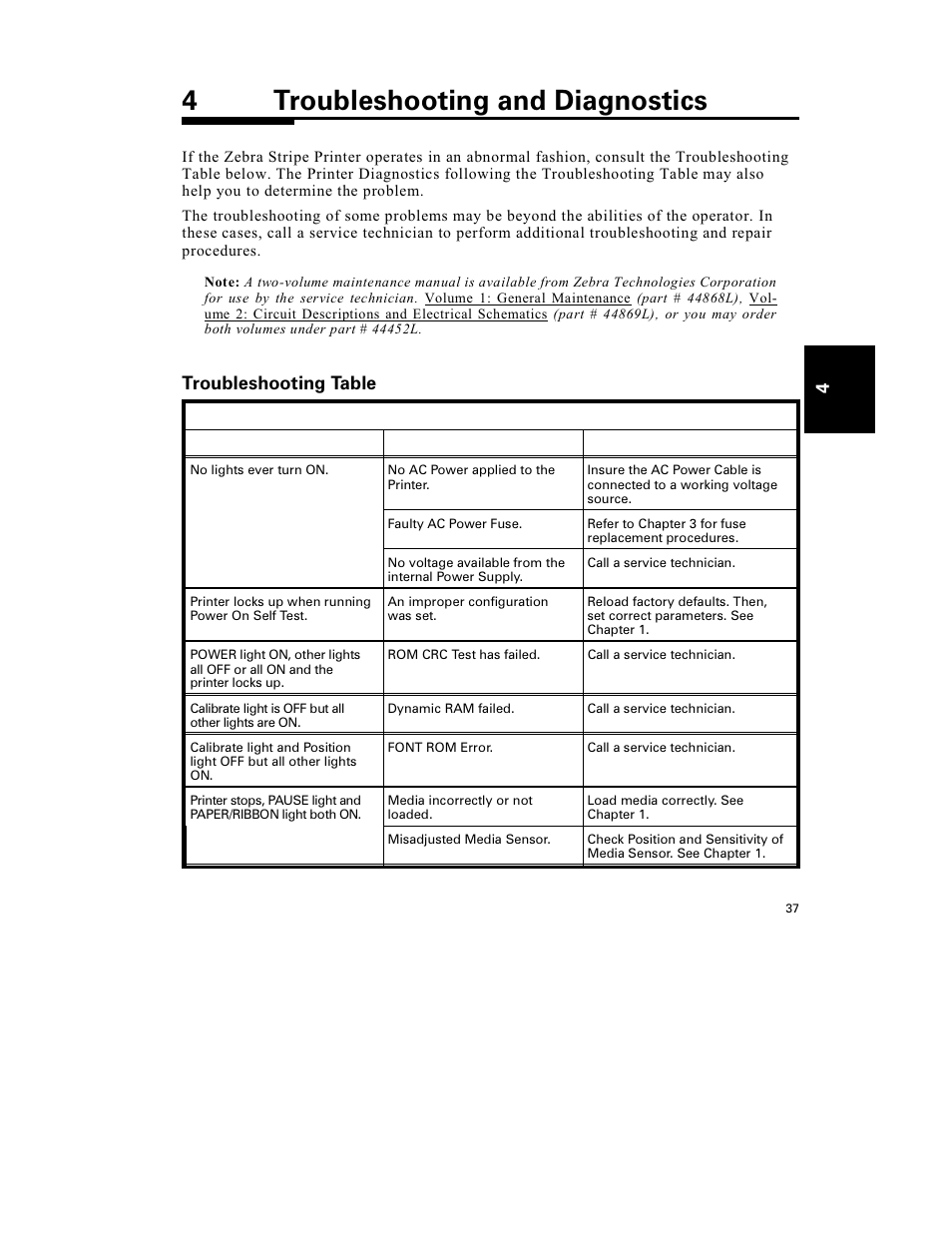 4troubleshooting and diagnostics, Troubleshooting table | Zebra Technologies S-300 User Manual | Page 45 / 80