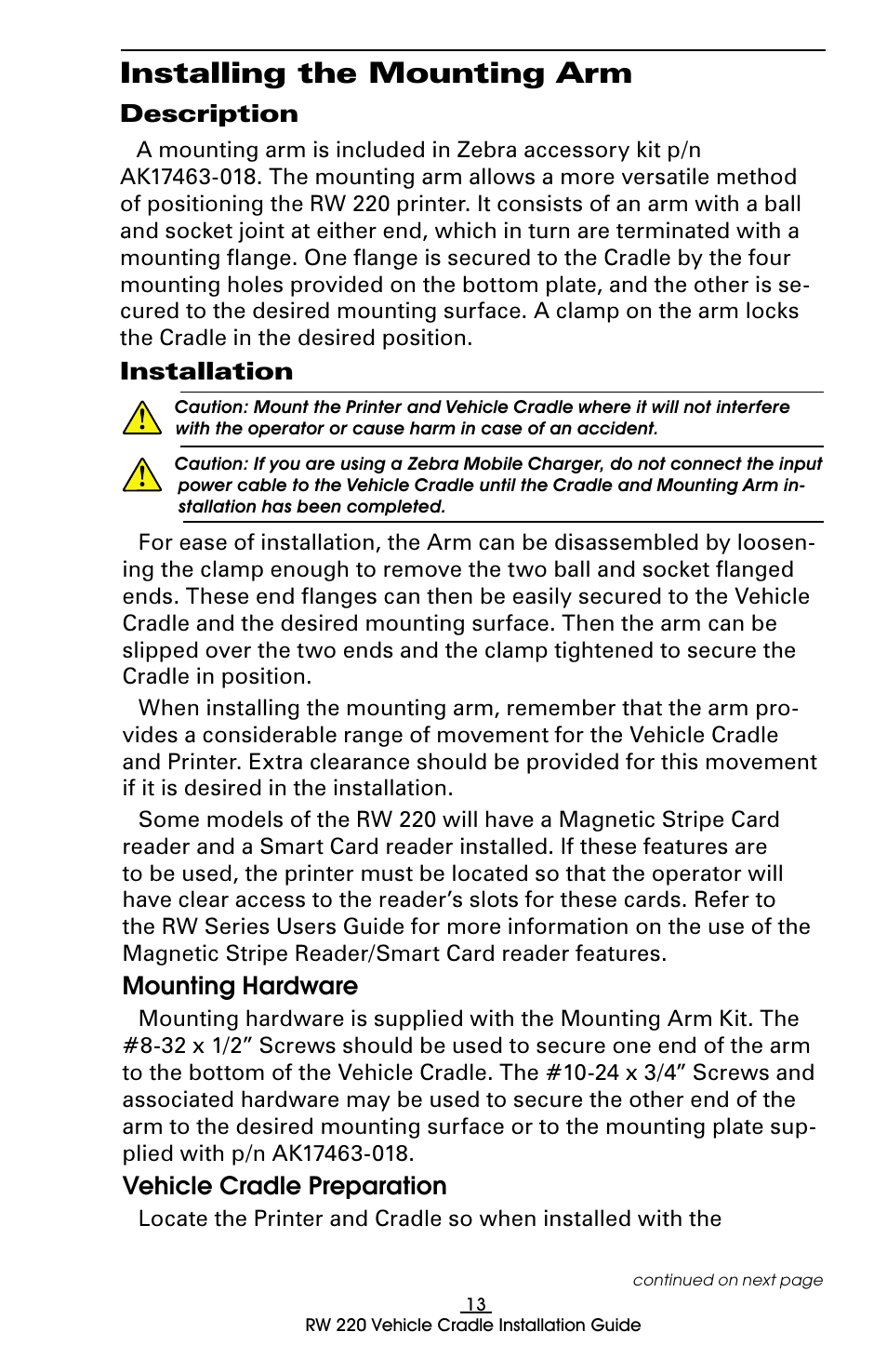 Installing the mounting arm, Description, Installation | Mounting hardware, Vehicle cradle preparation, Description installation, Mounting hardware vehicle cradle preparation | Zebra Technologies RW 220 User Manual | Page 13 / 16