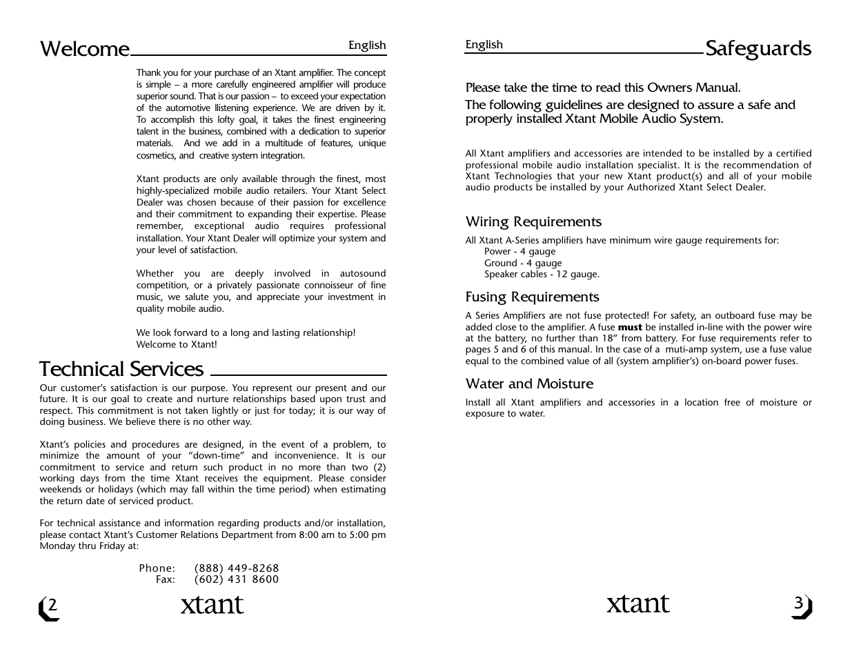Safeguards, Technical services, Welcome | Xtant A4004 User Manual | Page 3 / 16