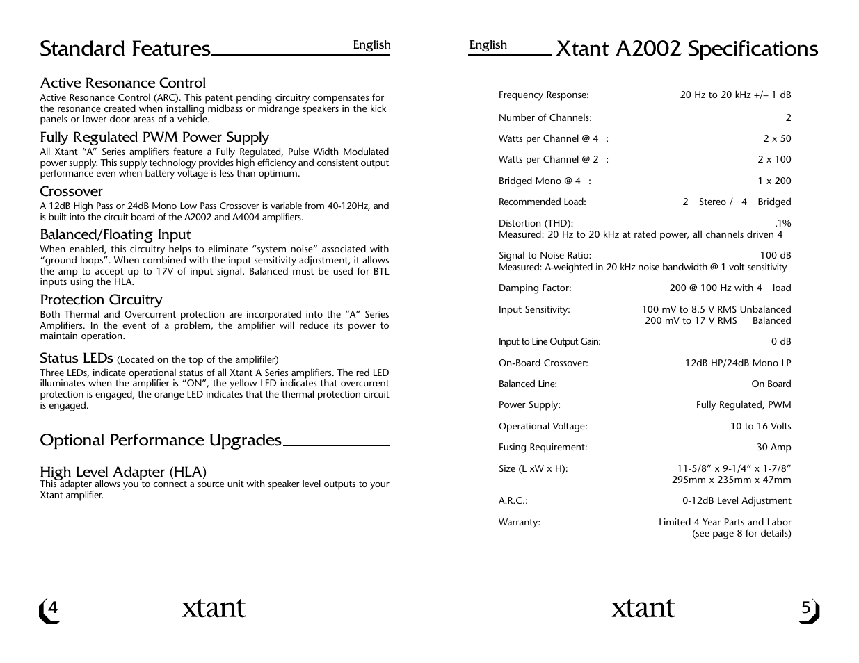 Standard features, Xtant a2002 specifications, Optional performance upgrades | Xtant A4004 User Manual | Page 4 / 16