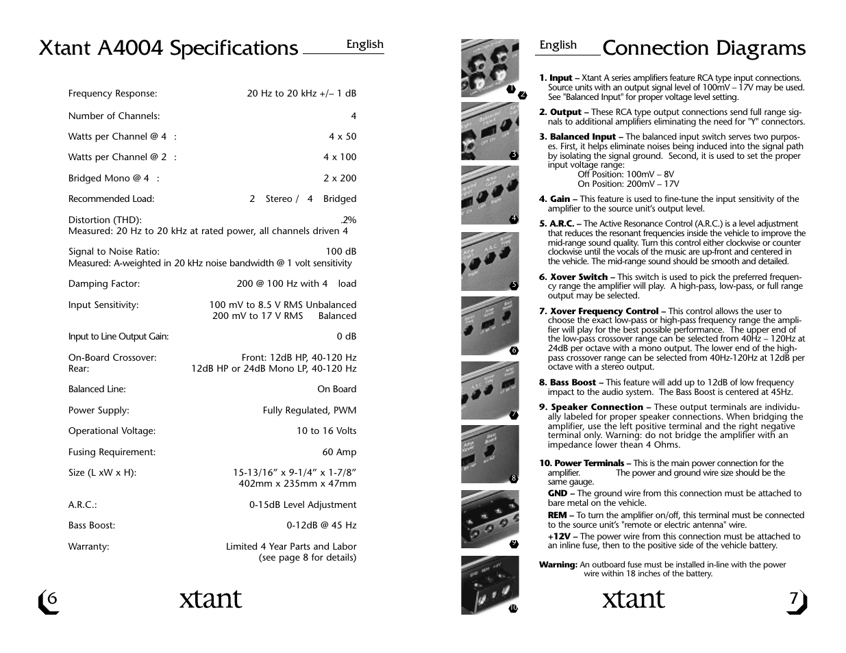 Xtant a4004 specifications, Connection diagrams | Xtant A4004 User Manual | Page 5 / 16