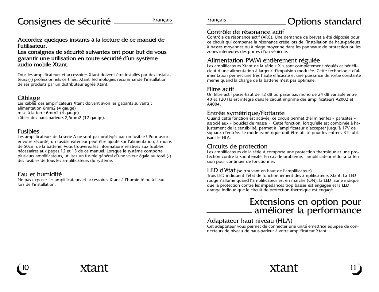 Consignes de sécurité, Options standard, Extensions en option pour améliorer la performance | Xtant A4004 User Manual | Page 7 / 16