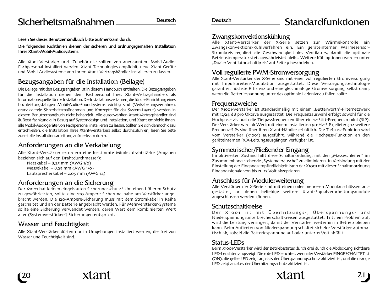 Sicherheitsmaßnahmen, Standardfunktionen | Xtant Model X1001 User Manual | Page 12 / 19