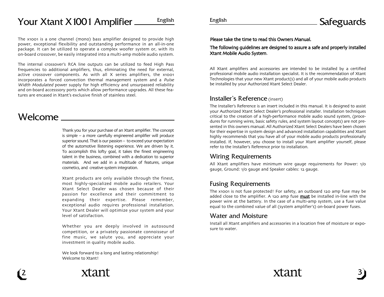 Your xtant x1001 amplifier, Welcome, Safeguards | Xtant Model X1001 User Manual | Page 3 / 19