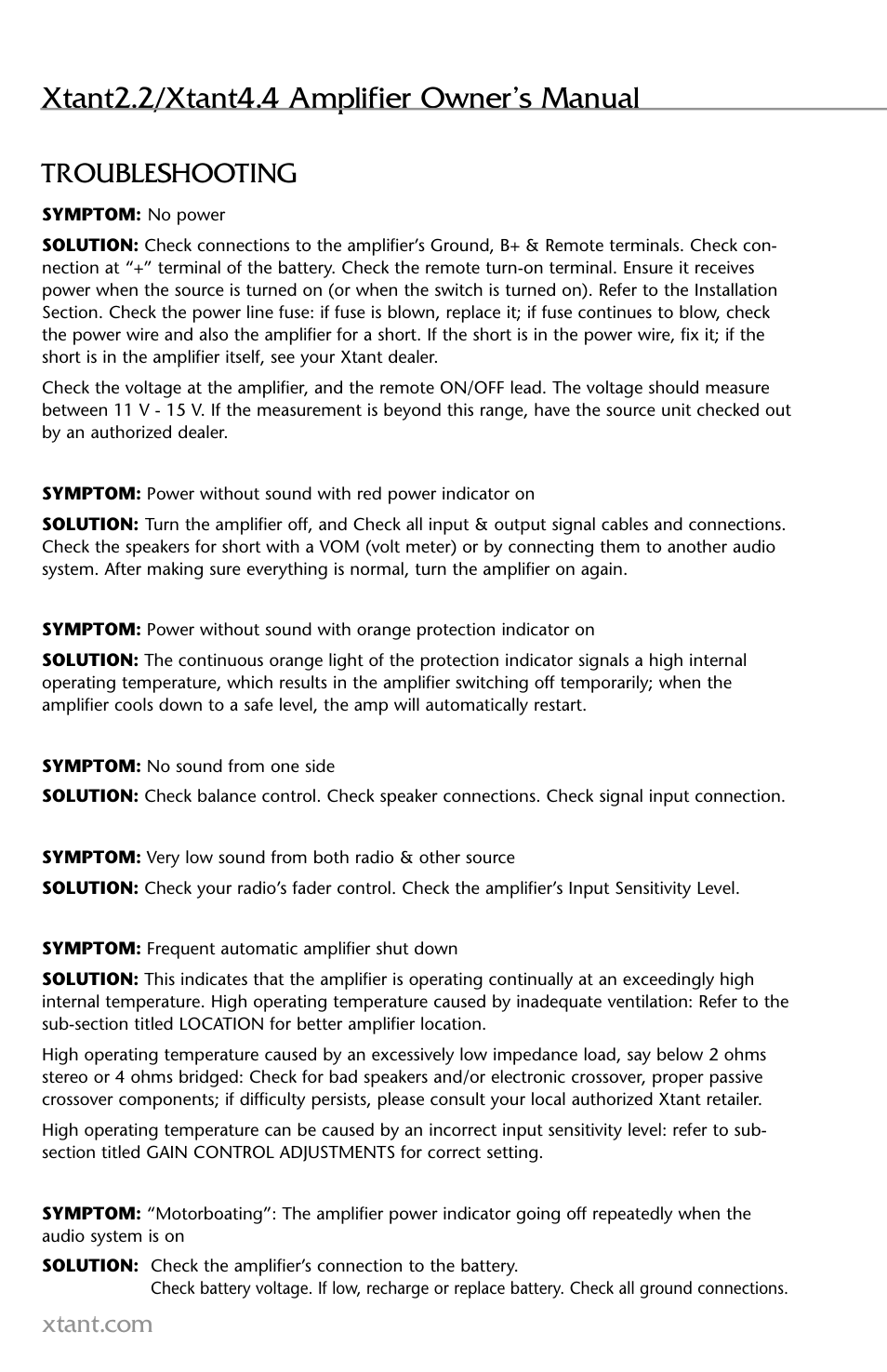 Xtant2.2/xtant4.4 amplifier owner’s manual, Troubleshooting | Xtant 2.2 User Manual | Page 10 / 36