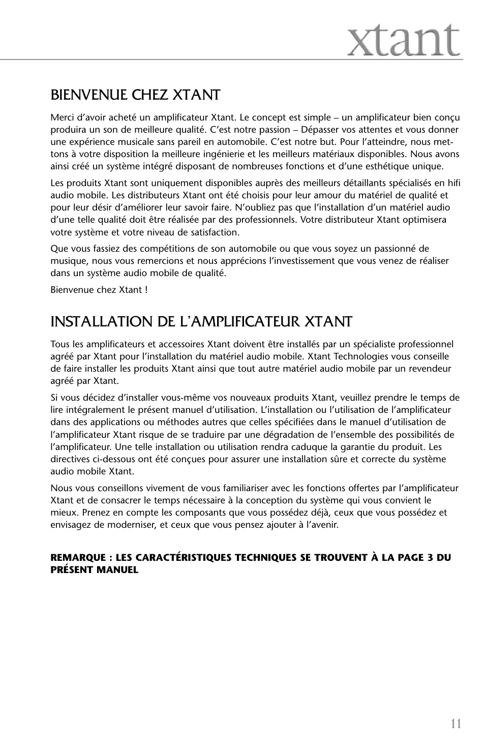 Bienvenue chez xtant, Installation de l’amplificateur xtant | Xtant 2.2 User Manual | Page 11 / 36