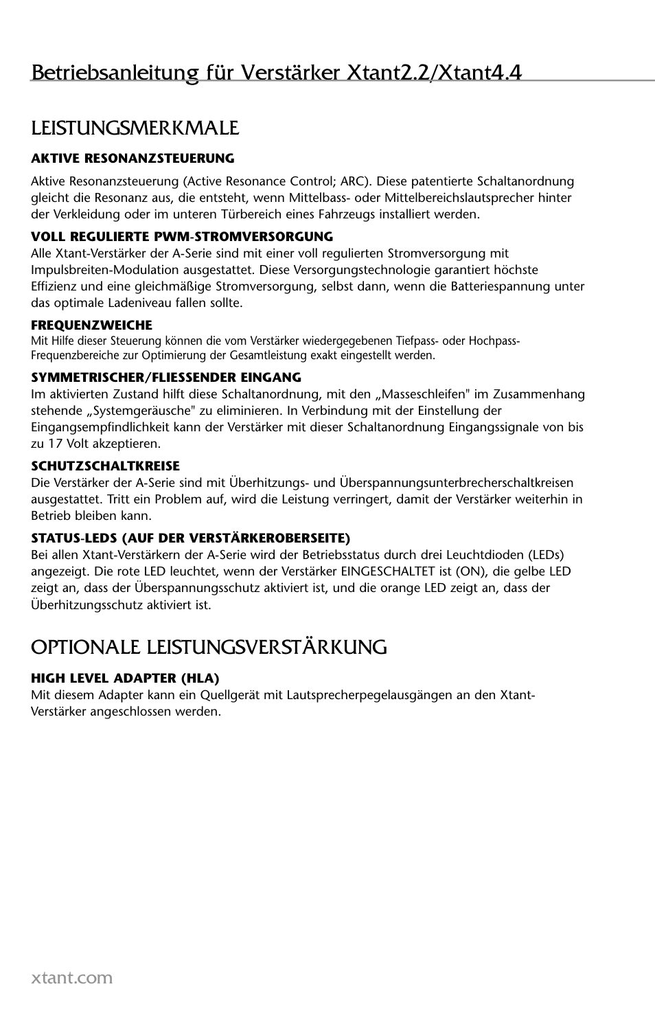 Betriebsanleitung für verstärker xtant2.2/xtant4.4, Leistungsmerkmale, Optionale leistungsverstärkung | Xtant 2.2 User Manual | Page 28 / 36