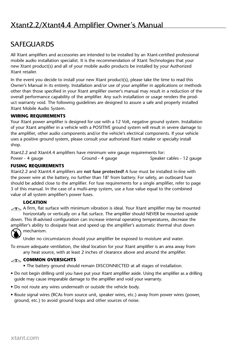 Xtant2.2/xtant4.4 amplifier owner’s manual, Safeguards | Xtant 2.2 User Manual | Page 6 / 36