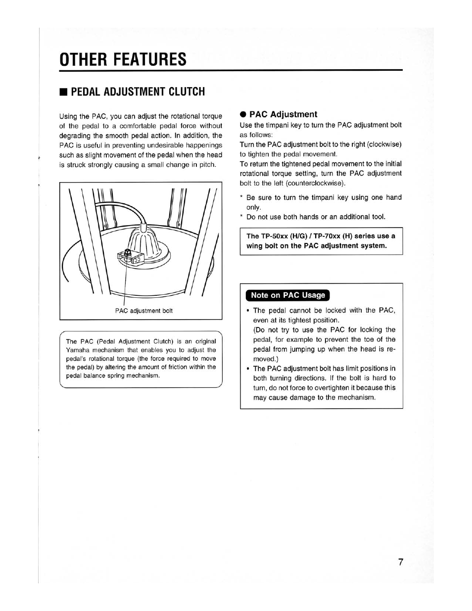 Other features, Рас adjustment, Pedal adjustment clutch | Yamaha Pedal Timpani TP-6223 User Manual | Page 9 / 12