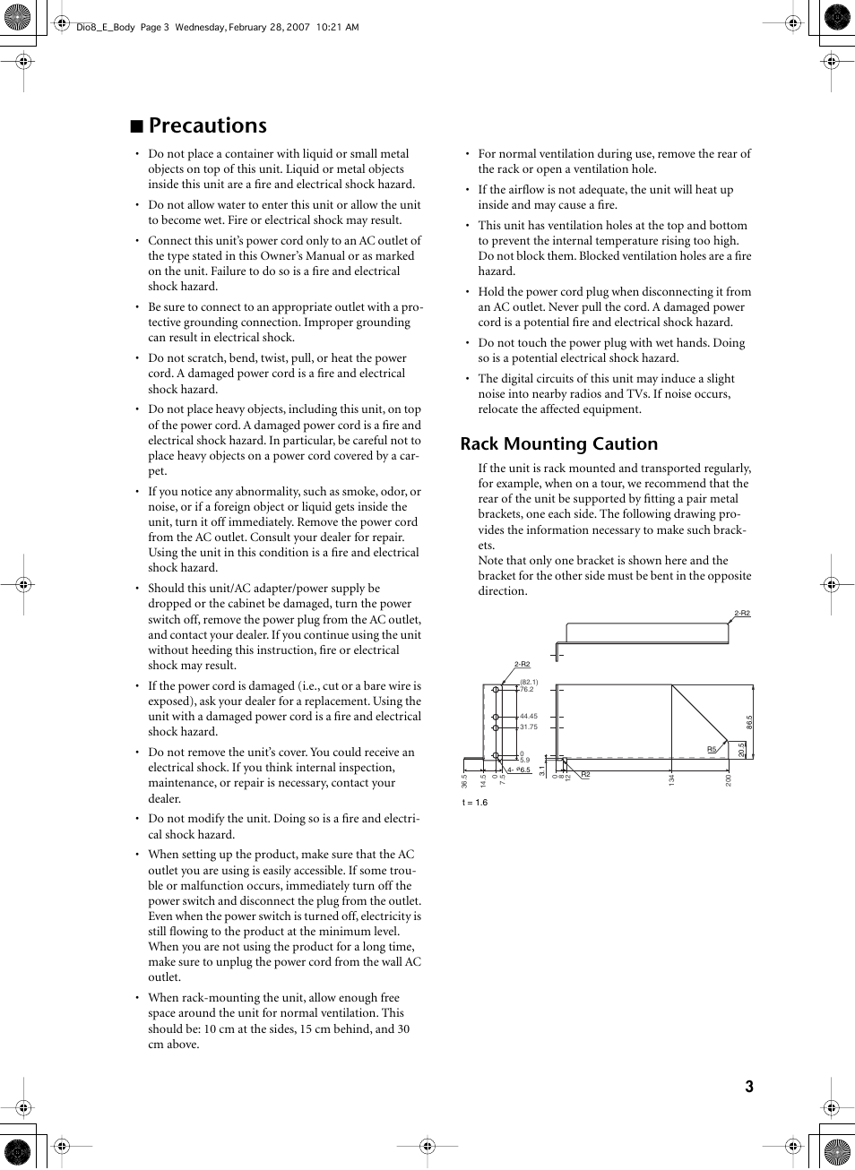 Precautions, Rack mounting caution | Yamaha DIO8 User Manual | Page 3 / 9