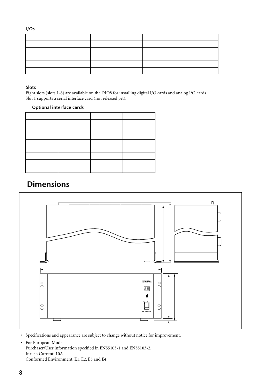 Dimensions | Yamaha DIO8 User Manual | Page 8 / 9