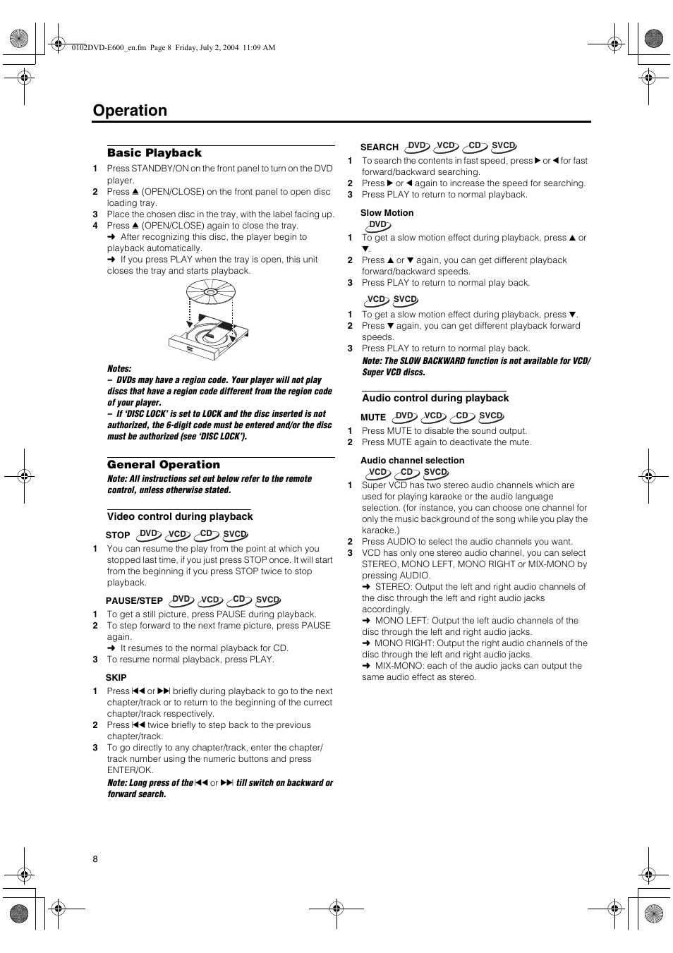 Basic playback, General operation, Video control during playback | Audio control during playback, Basic playback general operation, Operation | Yamaha PIANO CRAFT DVD-E600 User Manual | Page 12 / 30