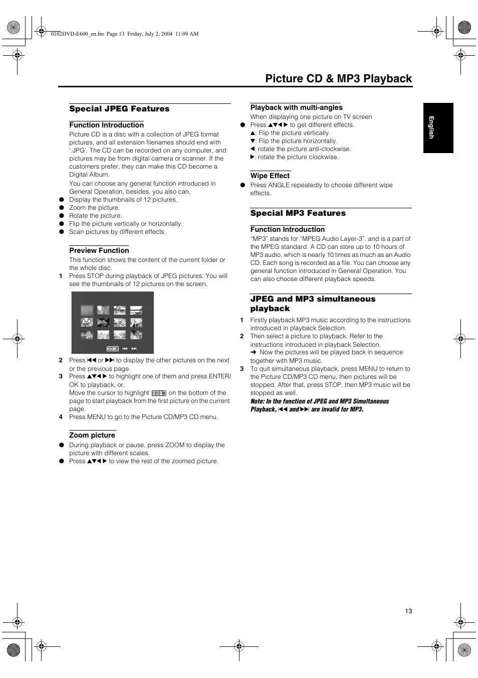 Special jpeg features, Function introduction, Preview function | Zoom picture, Playback with multi-angles, Wipe effect, Special mp3 features, Jpeg and mp3 simultaneous playback, Picture cd & mp3 playback | Yamaha PIANO CRAFT DVD-E600 User Manual | Page 17 / 30