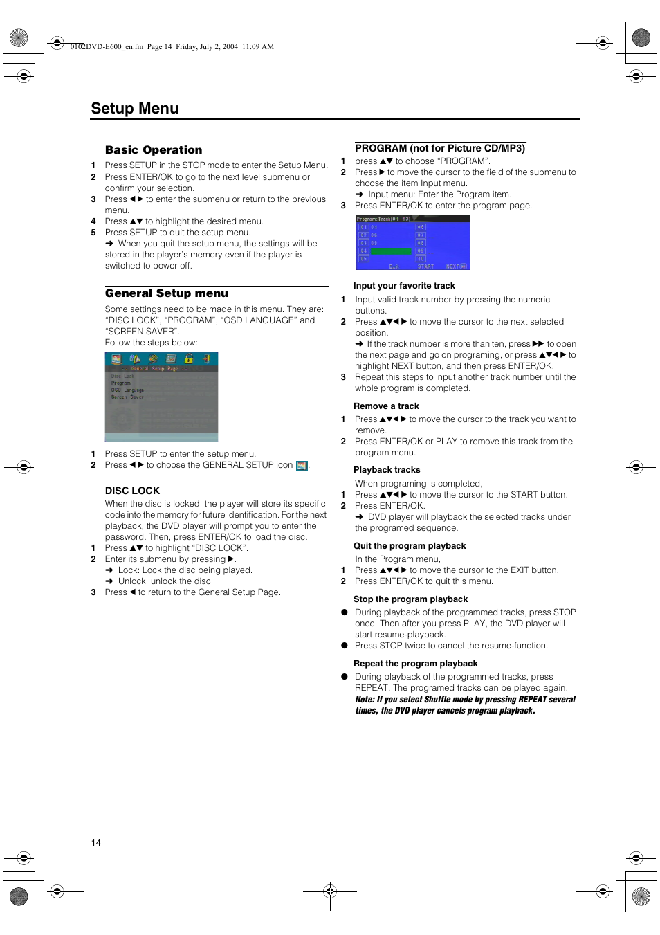 Basic operation, General setup menu, Disc lock | Program (not for picture cd/mp3), Basic operation general setup menu, Disc lock program (not for picture cd/mp3), Setup menu | Yamaha PIANO CRAFT DVD-E600 User Manual | Page 18 / 30