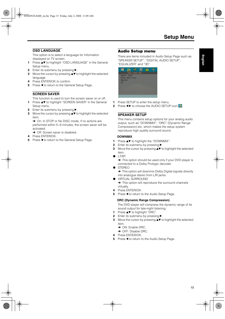 Osd language, Screen saver, Audio setup menu | Speaker setup, Osd language screen saver, Setup menu | Yamaha PIANO CRAFT DVD-E600 User Manual | Page 19 / 30