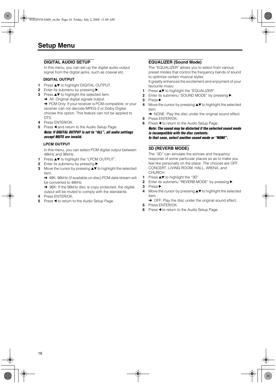 Digital audio setup, Equalizer (sound mode), 3d (reverb mode) | Setup menu | Yamaha PIANO CRAFT DVD-E600 User Manual | Page 20 / 30