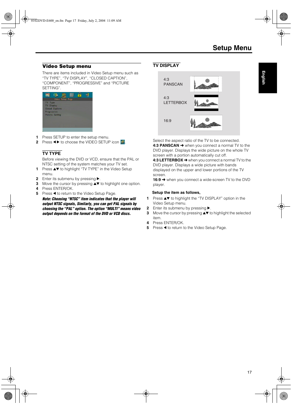 Video setup menu, Tv type, Tv display | Tv type tv display, Setup menu | Yamaha PIANO CRAFT DVD-E600 User Manual | Page 21 / 30