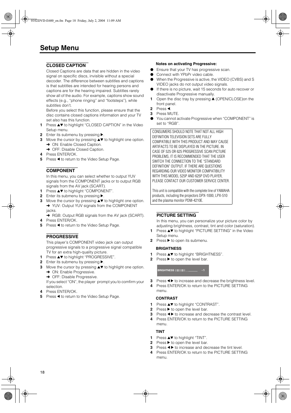 Closed caption, Component, Progressive | Picture setting, Setup menu | Yamaha PIANO CRAFT DVD-E600 User Manual | Page 22 / 30