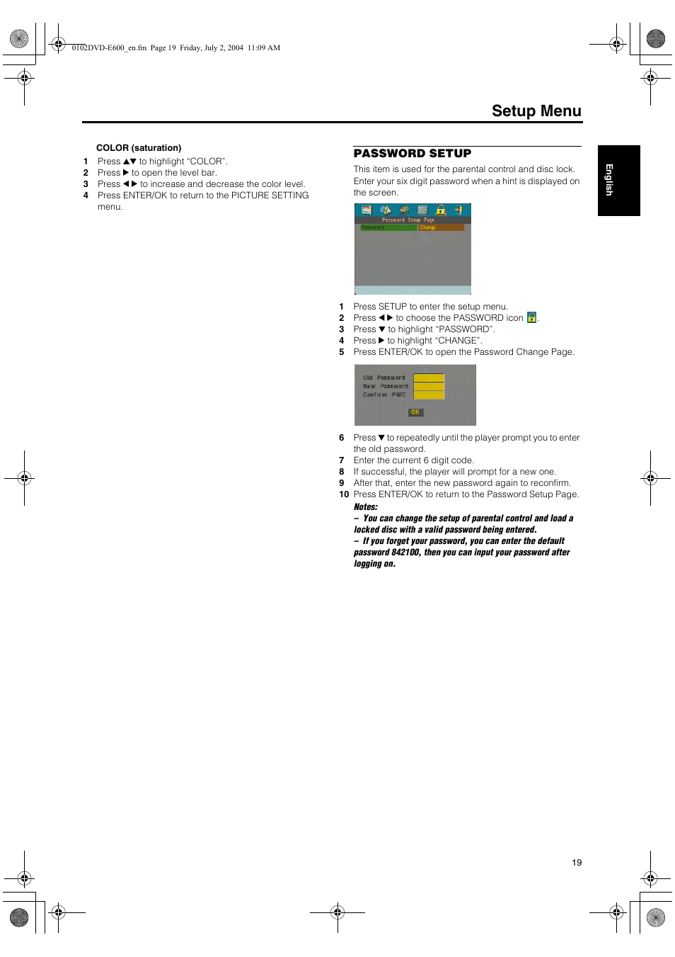 Password setup, Setup menu | Yamaha PIANO CRAFT DVD-E600 User Manual | Page 23 / 30