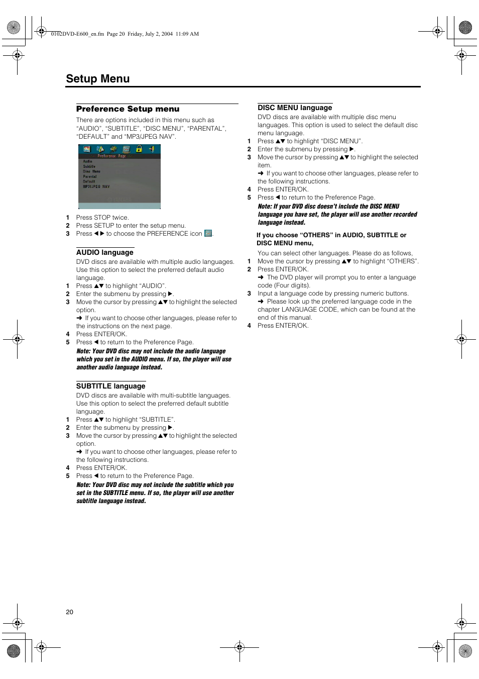 Preference setup menu, Audio language, Subtitle language | Disc menu language, Setup menu | Yamaha PIANO CRAFT DVD-E600 User Manual | Page 24 / 30