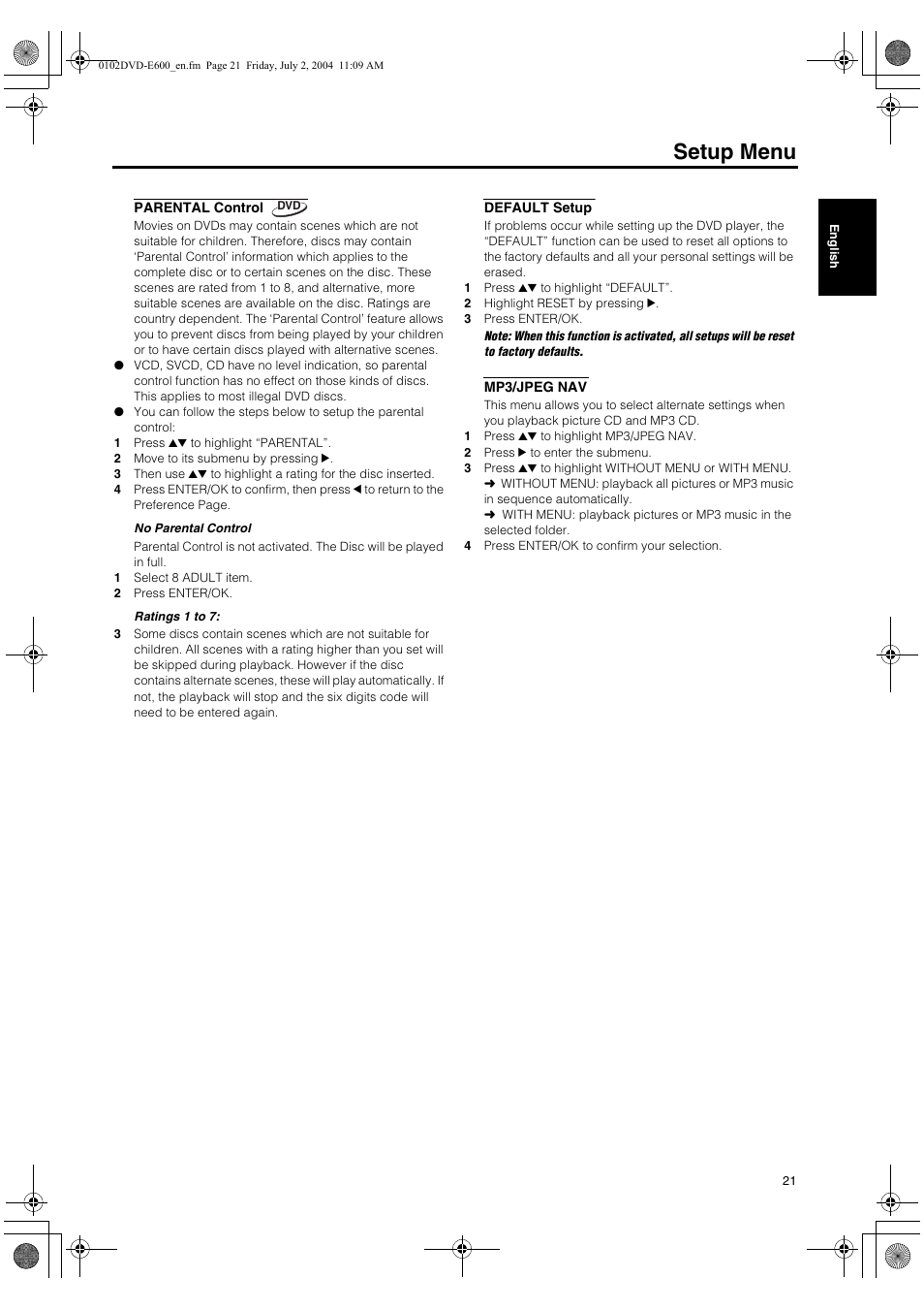 Parental control, Default setup, Mp3/jpeg nav | Parental control default setup mp3/jpeg nav, Setup menu | Yamaha PIANO CRAFT DVD-E600 User Manual | Page 25 / 30