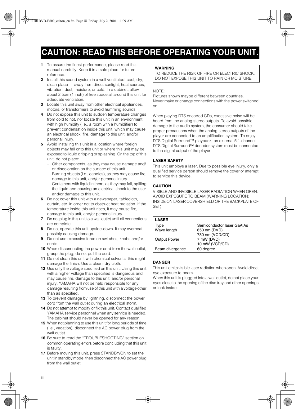 Caution: read this before operating your unit | Yamaha PIANO CRAFT DVD-E600 User Manual | Page 4 / 30