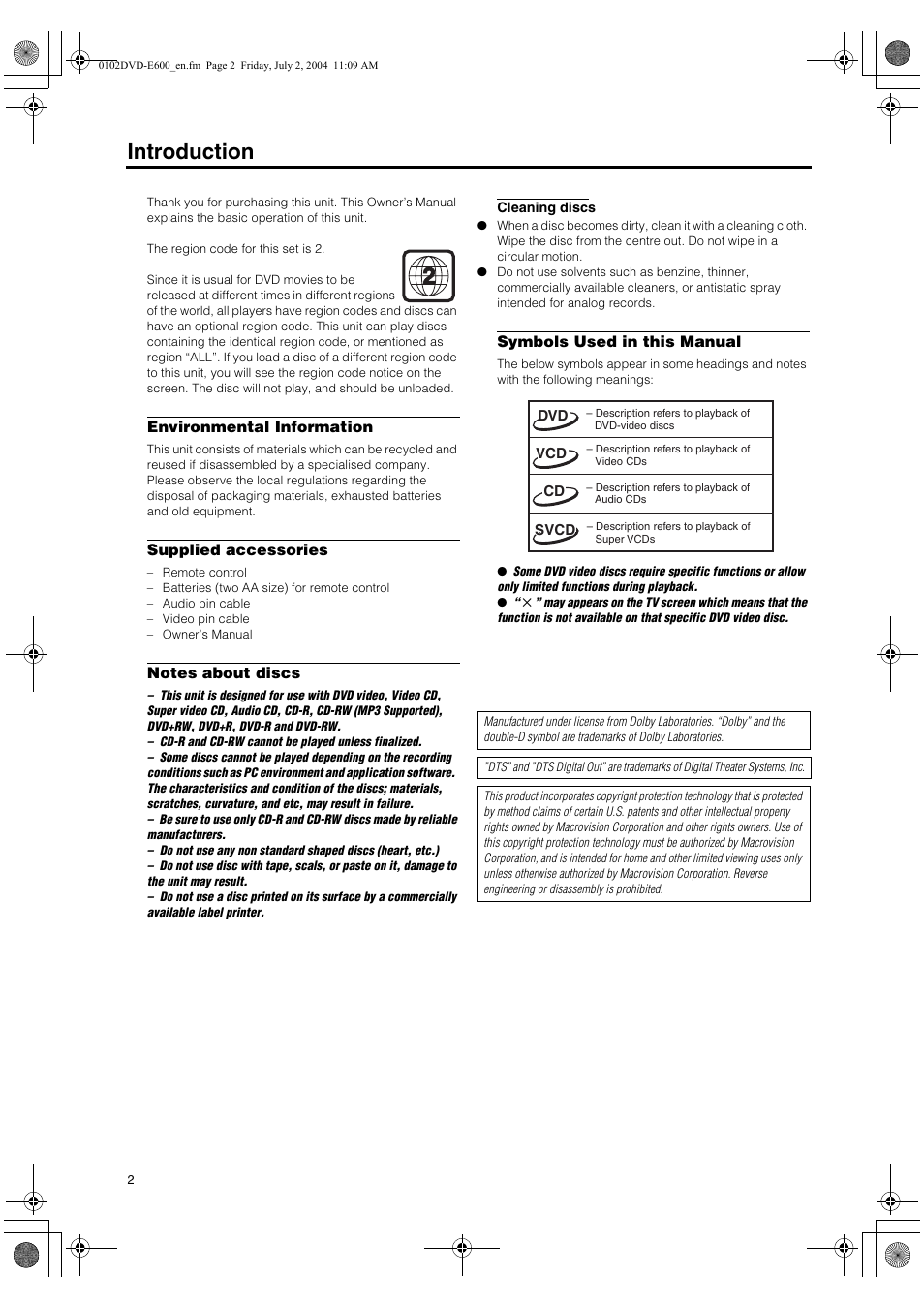 Environmental information, Supplied accessories, Notes about discs | Cleaning discs, Symbols used in this manual, Introduction | Yamaha PIANO CRAFT DVD-E600 User Manual | Page 6 / 30