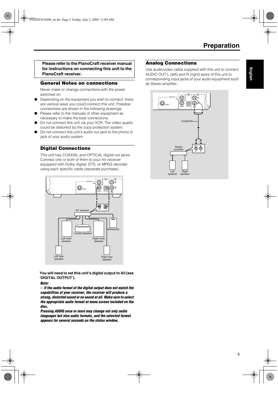 General notes on connections, Digital connections, Analog connections | Preparation, 5e n glish | Yamaha PIANO CRAFT DVD-E600 User Manual | Page 9 / 30