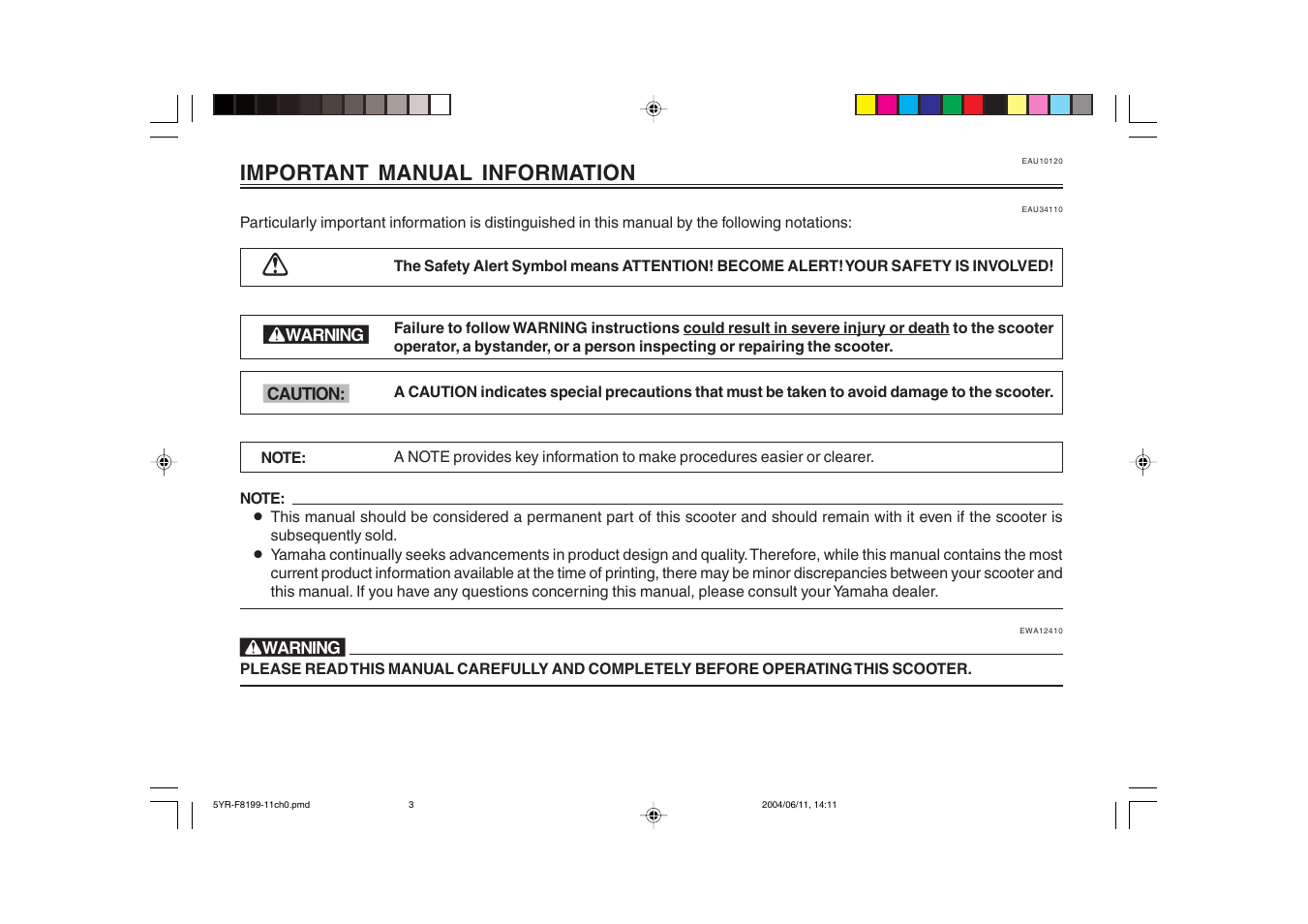 Important manual information | Yamaha YJ125T User Manual | Page 4 / 76