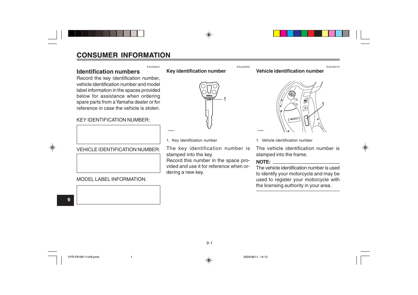 Consumer information, Identification numbers | Yamaha YJ125T User Manual | Page 68 / 76