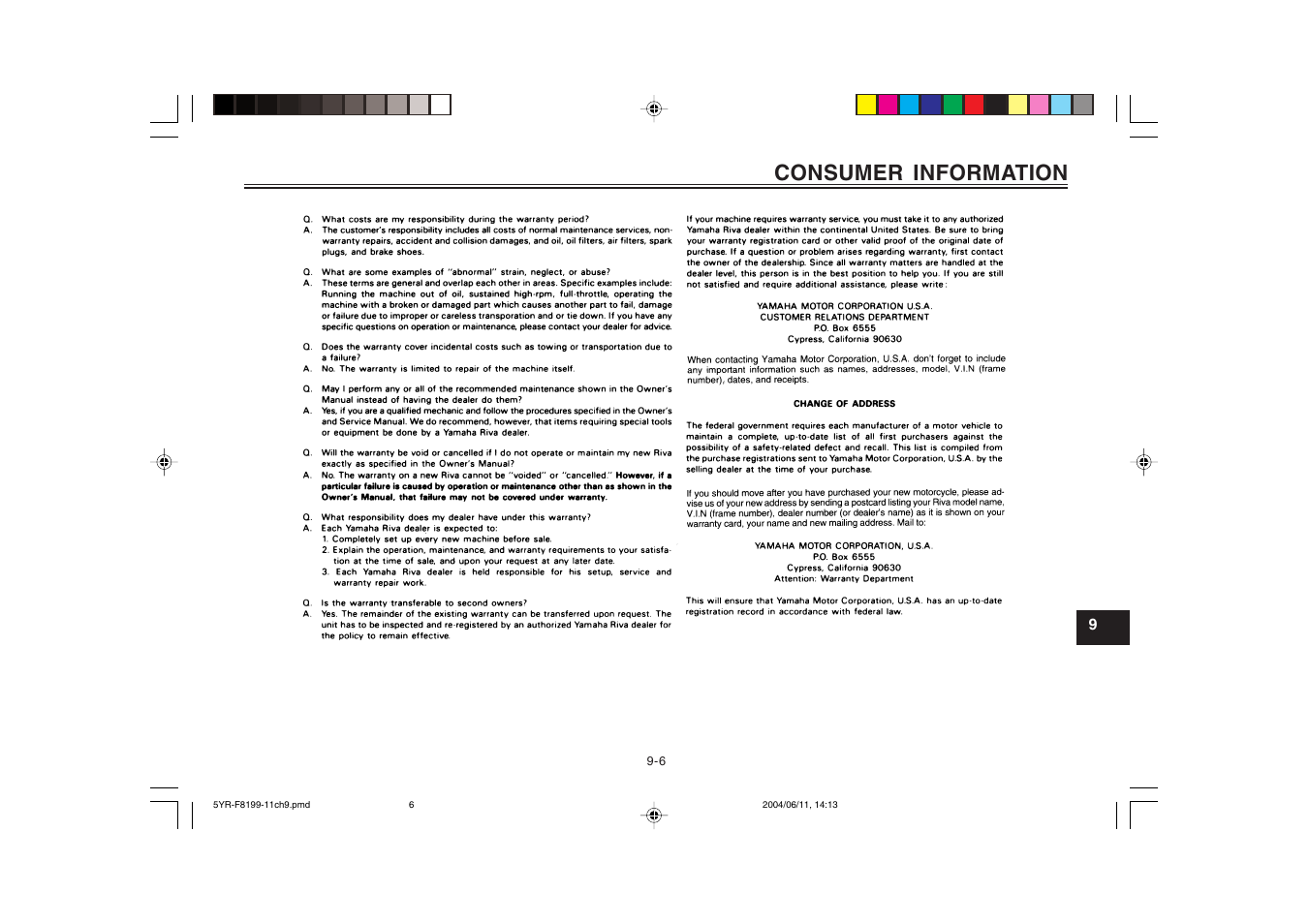 Consumer information | Yamaha YJ125T User Manual | Page 73 / 76