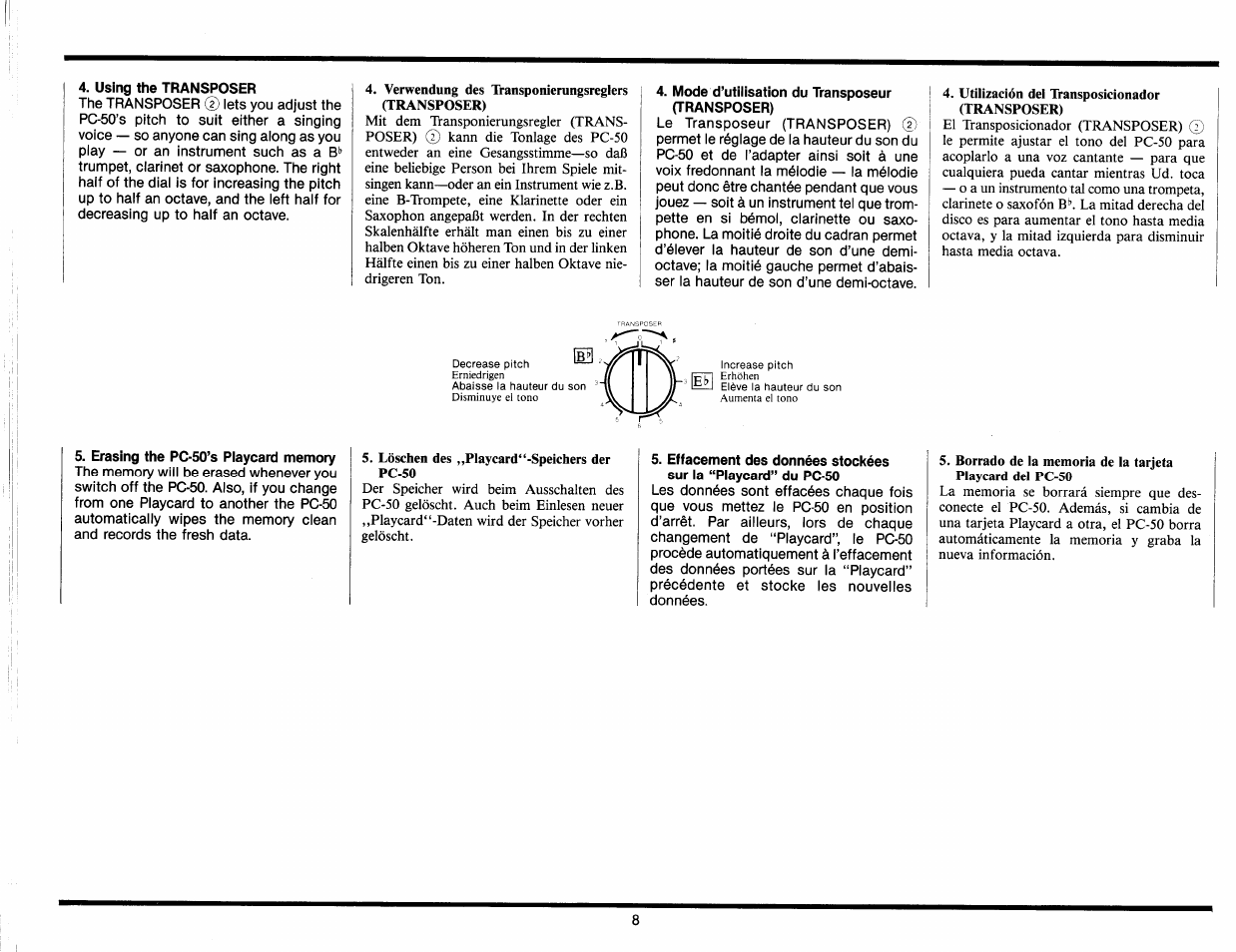 Using the transposer, Mode d’utilisation du transposeur (transposer), Erasing the pc-50’s playcard memory | Yamaha Portasound PC-50 User Manual | Page 10 / 24