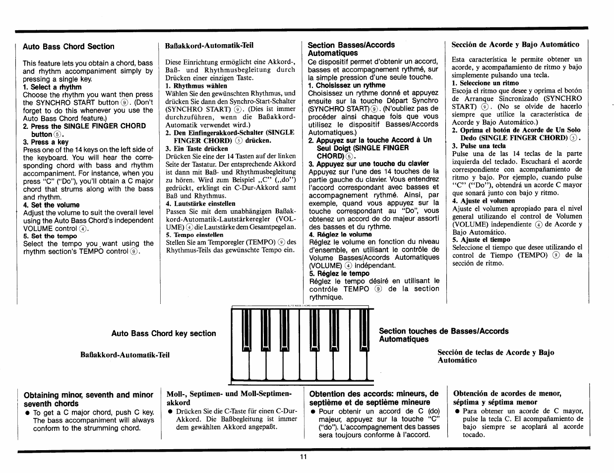 Auto bass chord section, Select a rhythm, Press the single finger chord button | Press a key, Set the volume, Set the tempo, Baßakkord-automatik-teil, Section basses/accords automatiques, Choisissez un rythme, Appuyez sur une touche du clavier | Yamaha Portasound PC-50 User Manual | Page 13 / 24