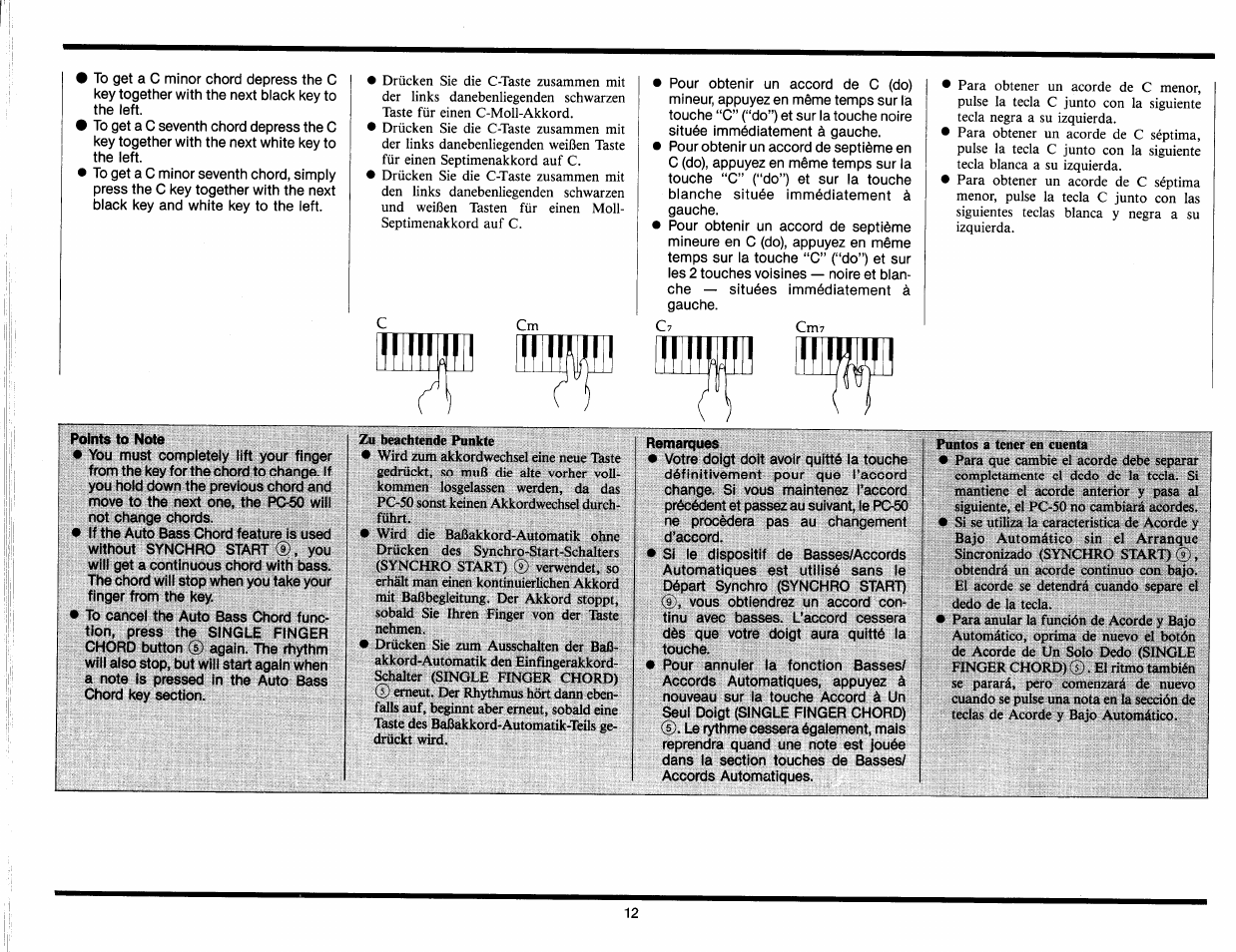 I points to note, Remarques | Yamaha Portasound PC-50 User Manual | Page 14 / 24