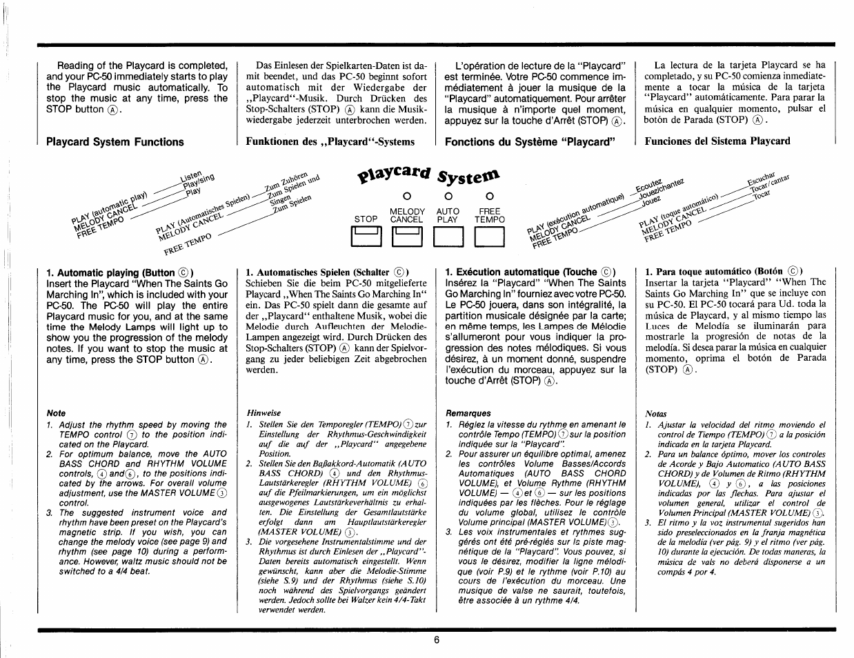 Playcard system functions, Funktionen des ,,piaycard“-systems, Fonctions du système “playcard | Funciones del sistema playcard, Automatic playing (button ©), Exécution automatique (touche ©) | Yamaha Portasound PC-50 User Manual | Page 8 / 24