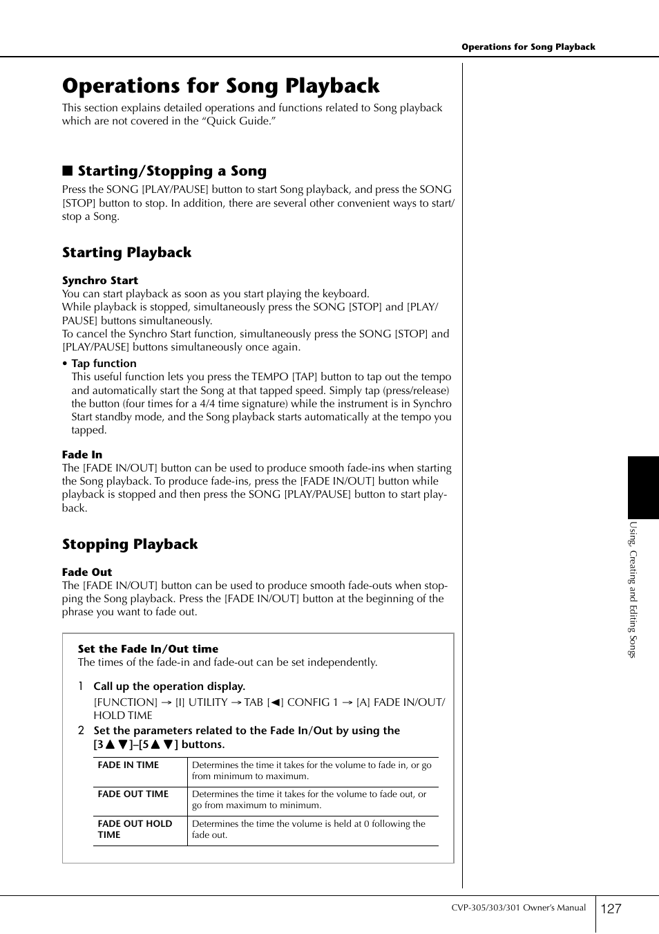 Operations for song playback, Starting/stopping a song, Starting playback | Stopping playback | Yamaha 303 User Manual | Page 127 / 220