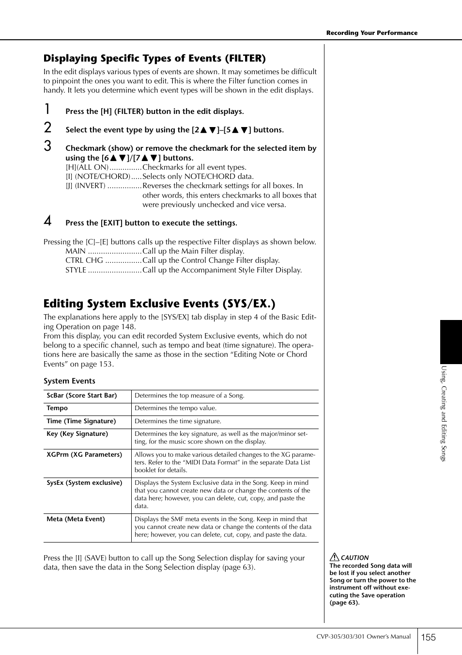 Editing system exclusive events (sys/ex.), Displaying specific types of events (filter) | Yamaha 303 User Manual | Page 155 / 220