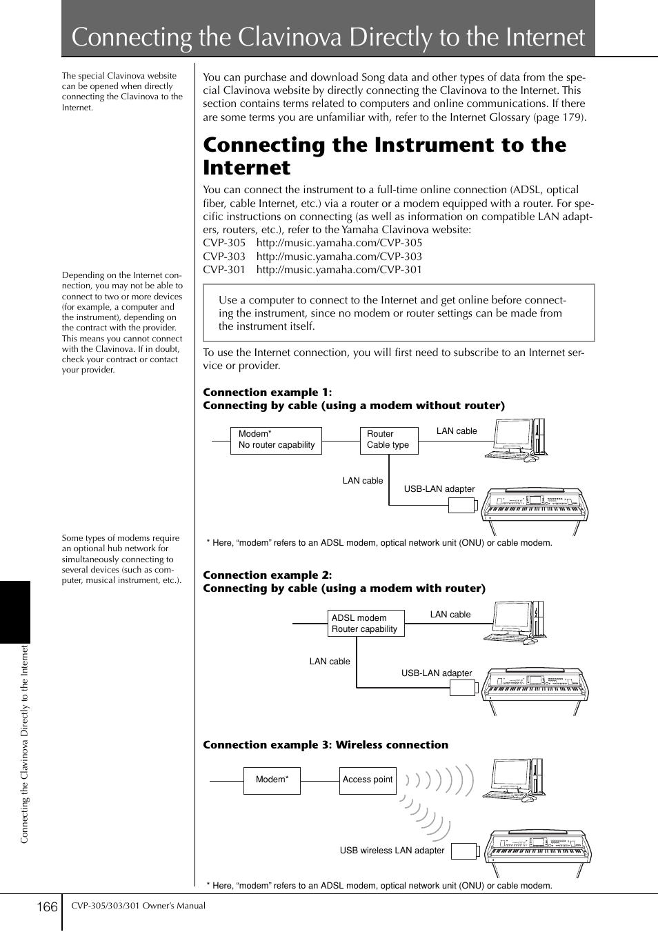 Connecting the clavinova directly to the internet, Connecting the instrument to the internet | Yamaha 303 User Manual | Page 166 / 220
