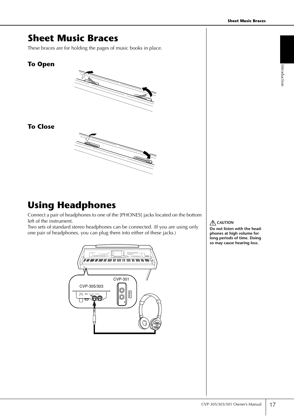 Sheet music braces, Using headphones, Sheet music braces using headphones | Yamaha 303 User Manual | Page 17 / 220