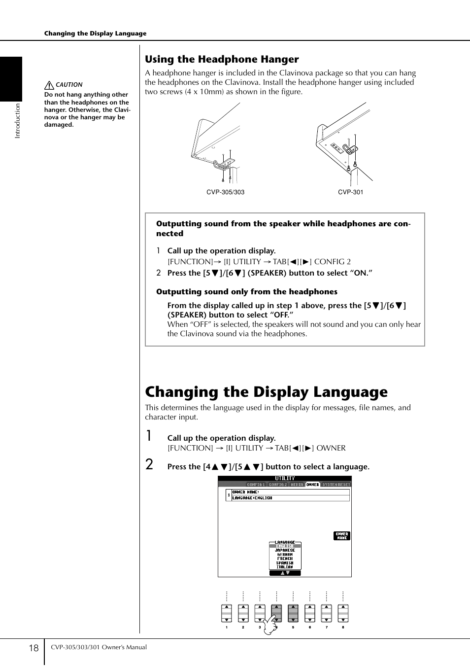 Changing the display language, Using the headphone hanger | Yamaha 303 User Manual | Page 18 / 220