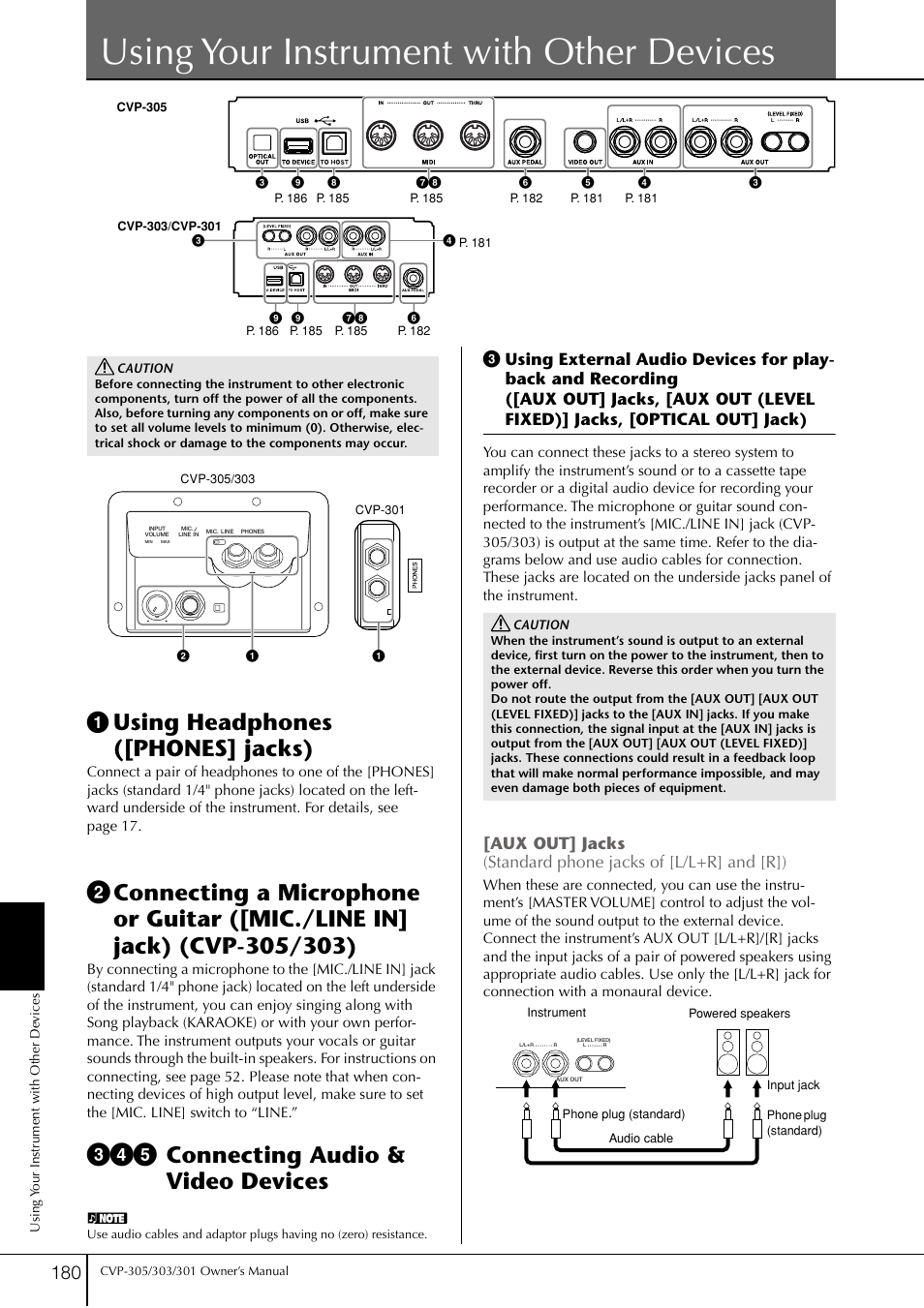 Using your instrument with other devices, 1 using headphones ([phones] jacks), 345 connecting audio & video devices | Using headphones ([phones] jacks), Connecting a microphone or guitar, Connecting audio & video devices, Using external audio devices for playback and | Yamaha 303 User Manual | Page 180 / 220